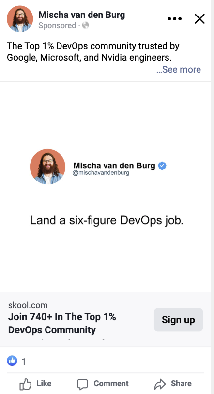 Concept sample ad for a DevOps platform. A static Meta ad built around an outcome focused headline.