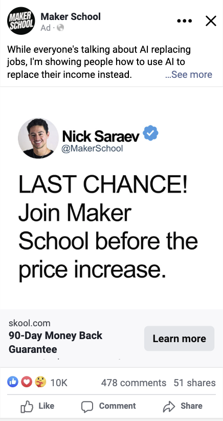 Concept sample ad for a maker school. A static Meta ad built around a price increase deadline.